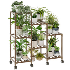 Bamworld front view 3-tier plant stand showing organized seven-pot display and mobility