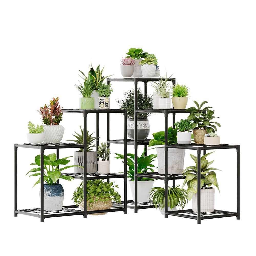 Bamworld front view of five-tier corner stand showing neat multi-plant display and space savings