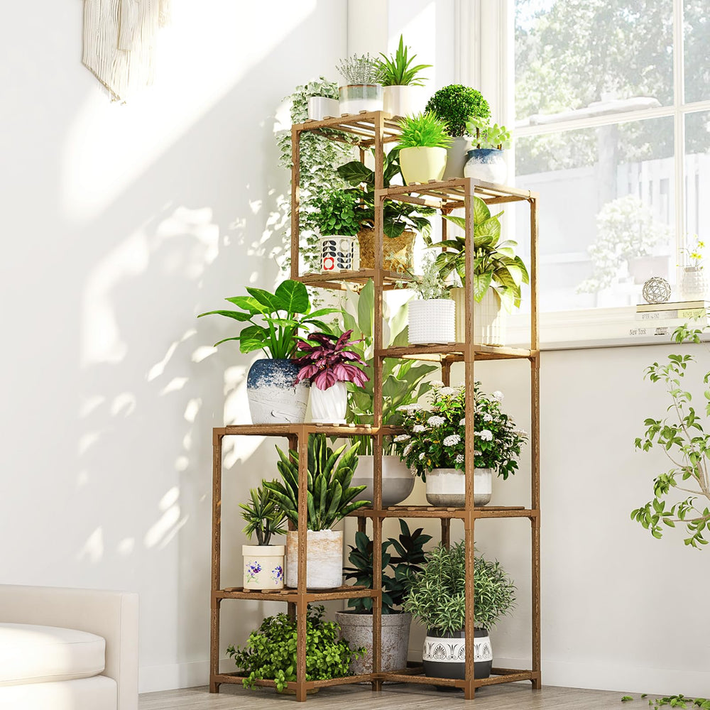 Bamworld front view corner plant stand showcasing tall multi-tier display benefits