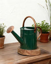 Bamworld front view of deep green watering can showing shape and spout, attractive accent