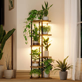 Bamworld front view of 6-tier plant shelf showing organized plants and space-saving benefit