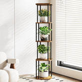 Bamworld front view full shelf showing five tiers and compact corner fit benefit