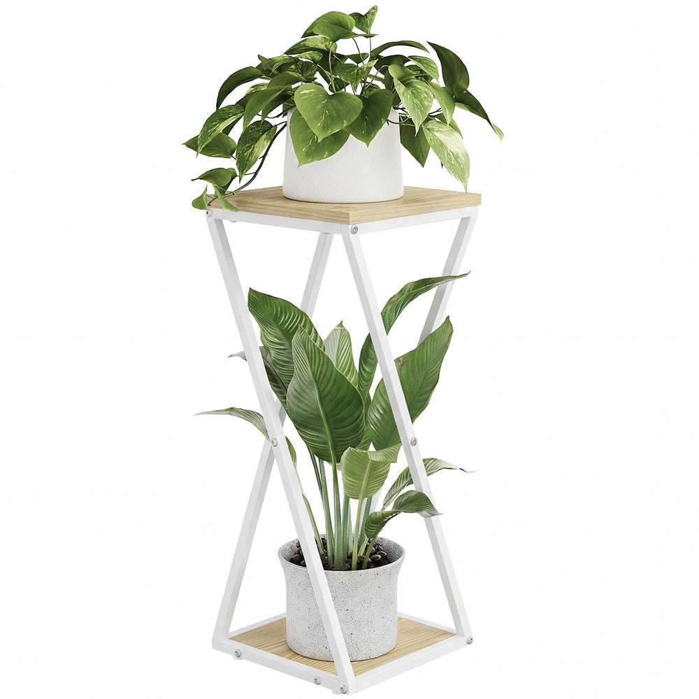 Bamworld front view tall plant stand showing tiered display and white finish, enhances room organization