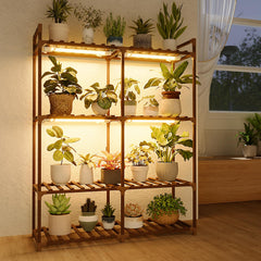 Bamworld front view of multi tier wood plant stand showing full display and capacity benefit