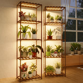 Bamworld front view of two tall ladder plant stands organized with pots and grow lights