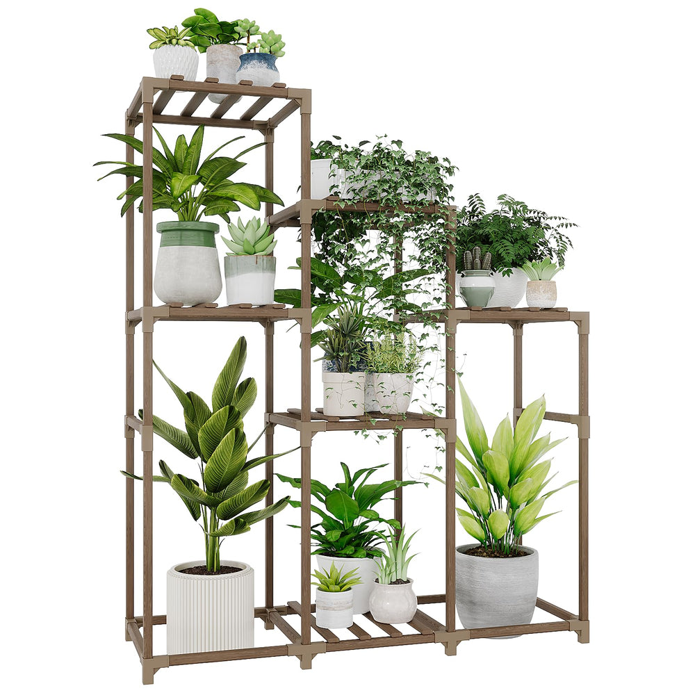 Bamworld front view of four-tier stand showing eight potted plants and tidy display benefit