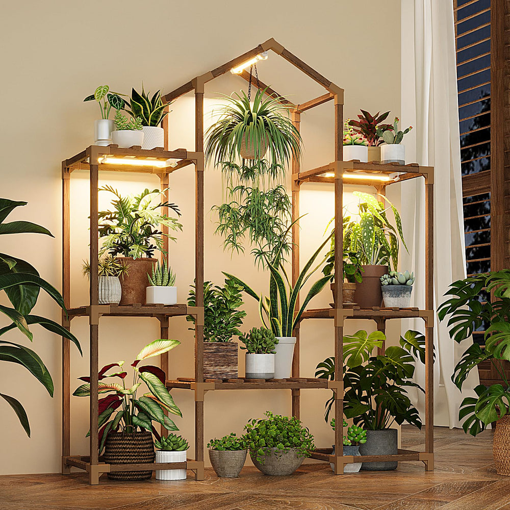 Bamworld front view of wood plant stand showing full design and benefit of organized display