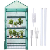 Baquler front view of assembled greenhouse showing organized seedlings and benefits of space saving