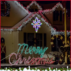 Baquler star installed on porch at night providing festive colorful outdoor ambiance