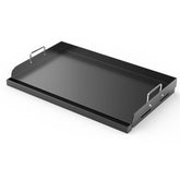 Barbqtime front view of flat top griddle showing full cooking surface and edge walls for even cooking