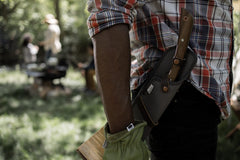 Barebones rugged 900D polyester sheath with leather strap and rivets for secure storage