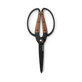 Barebones front view of walnut scissors showing full tool and comfortable fit
