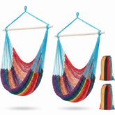 Barydat front view of two rainbow hammock chairs showing boho comfort