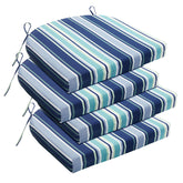 Basic Beyond front packaging showing set of four pinstriped blue cushions and benefits