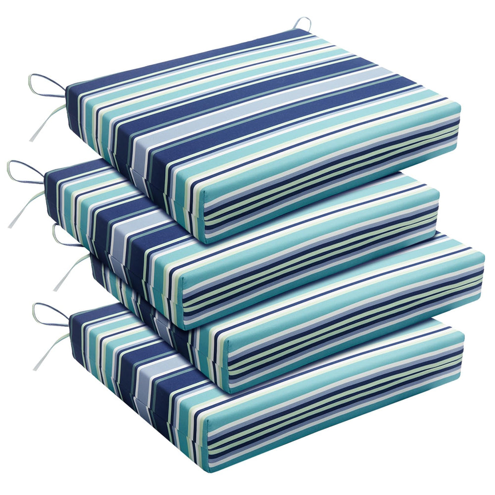 Basic Beyond front view of pinstriped blue cushions showing neat square corners and style benefit