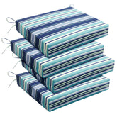 Basic Beyond front view of pinstriped blue cushions showing neat square corners and style benefit