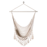 Bathonly front view of hanging chair showcasing full seat and tassels benefit comfort