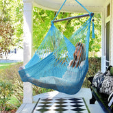 Bathonly front view of blue hammock chair shows roomy design and relaxation benefit