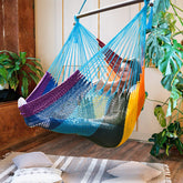 Bathonly hammock chair front view showing vibrant rainbow and comfortable seating