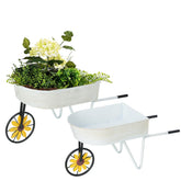 BAYN wheelbarrow planters front view showing rustic finish and dual sizes, enhances curb appeal