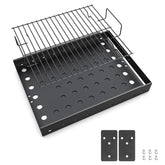 BBQ-PLUS charcoal tray front view showing full basket and finish benefit