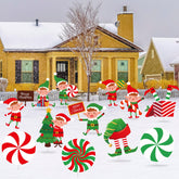 BBTO front view of twelve elf yard signs showing festive designs and visibility