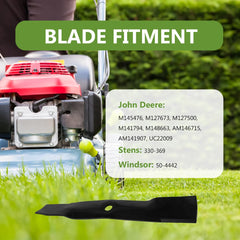 BCQNXX blades mounted on a mower deck demonstrating direct-fit compatibility