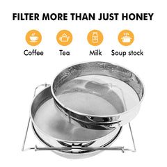 BEEKNOWS strainer pouring honey into a 5-gallon bucket for clean transfer