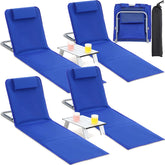 Beeveer front view showing four deep blue chaise chairs and two folding side tables for group convenience