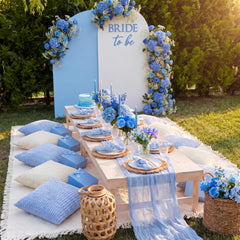Beeveer light blue table runner close-up, provides elegant table contrast