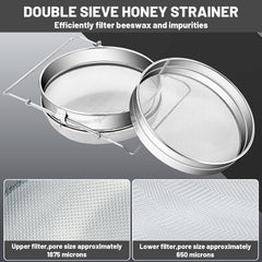 BEEXTM in-use strainer pouring honey into a bucket for clean extraction