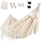 Bellzacasa double hammock full view showing spacious beige canvas and tassels for relaxed lounging