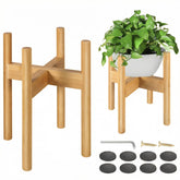 BESHOF bamboo plant stand front view showing stable mid-century design and warm finish