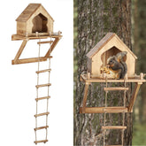 Bigmeta front view of carbonized wood squirrel feeder showing cabin entrance and ladder benefit: clear viewing