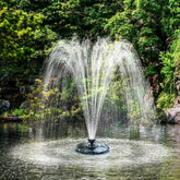 Biling front view of floating pond fountain showing spray and design benefits