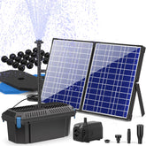 Biling front view of full solar pond kit showing panel pump and filter benefits circulation