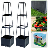 Biotolot front view of two planters showing stable raised beds and trellises for space-saving growth