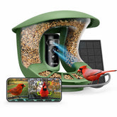 Birdfy front view showing feeder entry and camera lenses for clearer bird footage