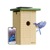 Birdfy front view showing natural fir wood and entrance hole, inviting habitat