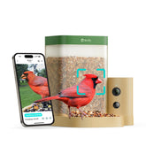 Birdfy front view showing feeder design and accessible tray benefit