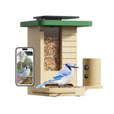Birdfy front view showing natural fir wood and feeding tray for attractive garden display