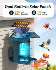 BIRDSFAVE dual solar panels on top supplying continuous daytime power