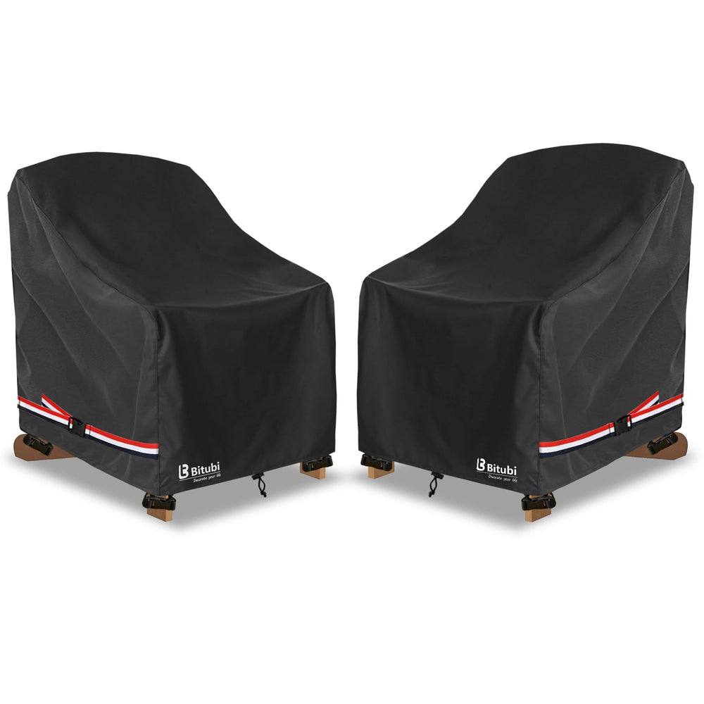 Bitubi front view of two covered Adirondack chairs showing full protection and neat look
