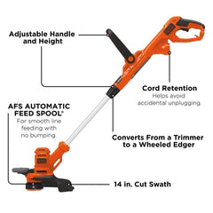 BLACK+DECKER close detail of wheeled edge guide for precise lawn borders and smoother edging