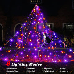 BlcTec purple and orange LED lights glowing on web at night enhancing spooky ambiance