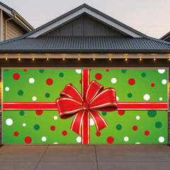 BlissfulTie garage cover front view showing gift box design brings festive curb appeal