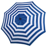 Blissun front view blue and white stripe canopy showing neat coverage and color
