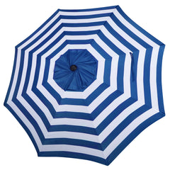 Blissun front view blue and white stripe canopy showing neat coverage and color
