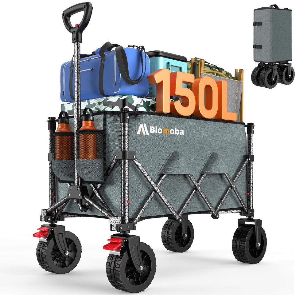 Blomoba wagon front view showing grey fabric and sturdy frame for reliable hauling