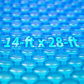Blue Wave front view of 14x28 solar cover showing product and sizing benefit